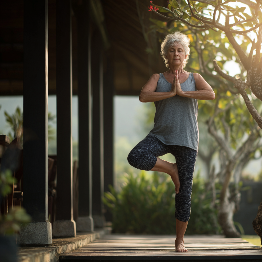 Older adult maintaining balance during yoga session in peaceful environment